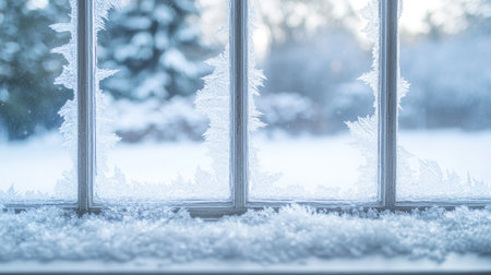 Close-up of frosty window with snow-covered landscape in the background, ample copy spaceの素材