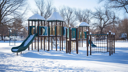 Snow-covered playground equipment in an empty park, blank space for copy in the snowの素材