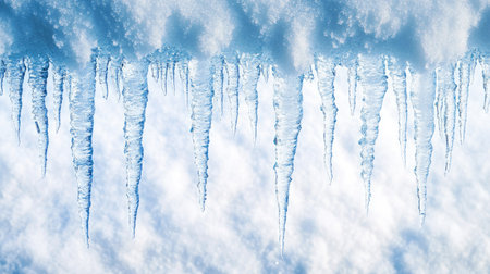 Close-up of icicles hanging from a roof, large white snowy background for copy spaceの素材