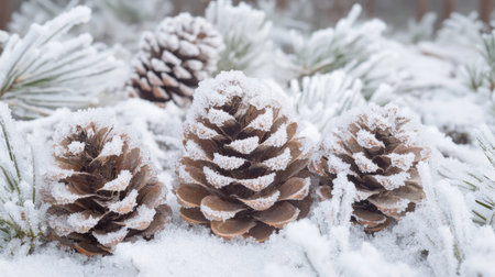 Frost-covered pinecones on a snowy forest floor with plenty of space for textの素材