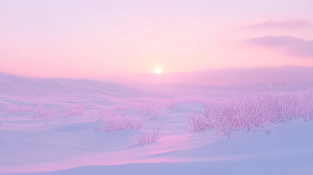 Snowy landscape at dawn with a soft pink sky, offering ample copy spaceの素材