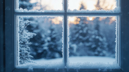 Close-up of frost-covered window with a view of snowy trees outside, perfect for copy spaceの素材