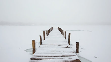Frozen wooden pier stretching into a snow-covered lake with room for copyの素材