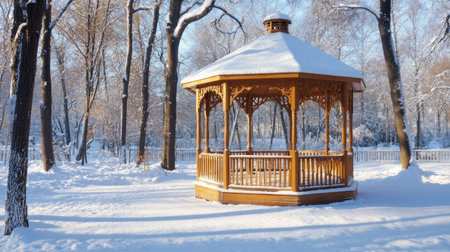 Snow-covered gazebo in a quiet winter park with ample room for copy spaceの素材