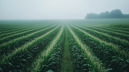 Rows of green corn crops stretching across the field, with open sky and plenty of space for copyの素材