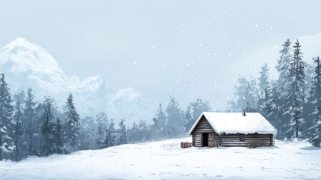Snow-covered cabin in a winter forest with a large blank sky for text or graphicsの素材