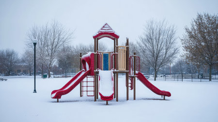 Snow-covered playground equipment in an empty park, blank space for copy in the snowの素材