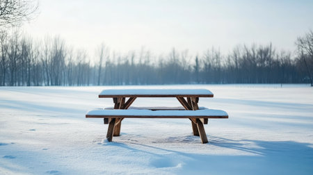 Snow-covered picnic table in an empty park with space for copy in the snowy sceneの素材