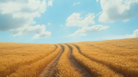 Tractor tracks through a wheat field, with open space in the sky for text or branding. No people in the sceneの素材