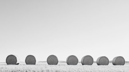 Bales of hay lined up in a field, with clear sky above offering ample room for copyの素材