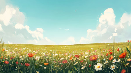 A peaceful summer field with wildflowers and space for text in the skyの素材
