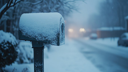 Frost-covered mailbox on a snowy street with blank space for copy in the snowの素材