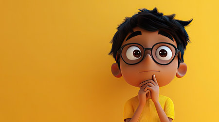 3D Indian cartoon character deep in thought with hand on chin, with plenty of space for textの素材