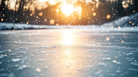 Snowflakes falling gently on a frozen pond with a large open space for copyの素材