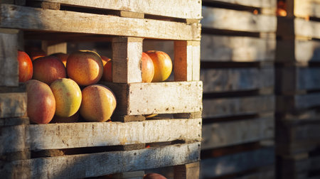 Close-up of stacked crates of freshly harvested produce, with blank space around for text or brandingの素材