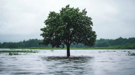 Floodwaters surrounding an isolated tree in a field, with plenty of space for text or brandingの素材