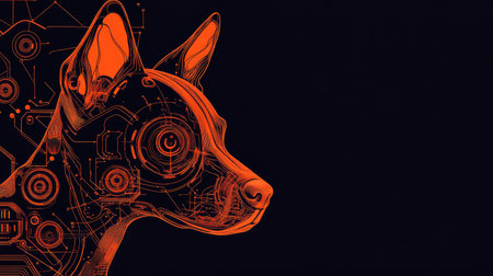 Cyber-dog concept with a close-up of a dog's head, adorned with abstract orange tech designs. Ample room for copy.の素材