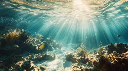 A tranquil underwater scene off the coast of Florida, showcasing sunlight filtering through the water. Space for text.の素材