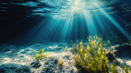 A tranquil underwater scene off the coast of Florida, showcasing sunlight filtering through the water. Space for text.の素材