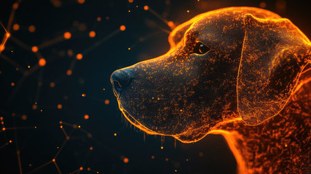 Detailed close-up of a dog head with glowing orange cyber patterns, space for text available.の素材