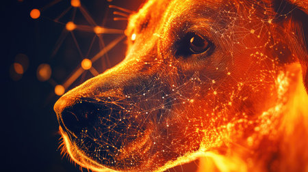 Dog face enhanced with abstract orange cyber technology, close-up with open space for copy.の素材
