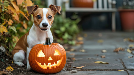 Adorable dog sitting next to a carved Jack O' Lantern, perfect for Halloween designs, with room for copy.の素材
