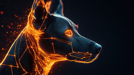 Dog head in close-up with glowing orange cyber lines on its face, space for text available.の素材