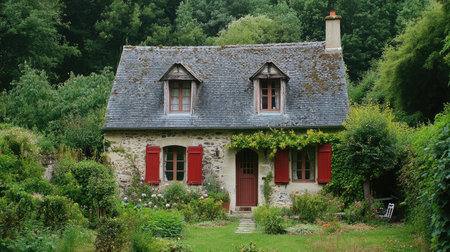 A picturesque European cottage surrounded by greenery, no people. Ample copy space in the foreground.の素材