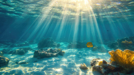Sunlight beams illuminating the seabed near the Yuca Peninsula, with room for copy in the clear water.の素材