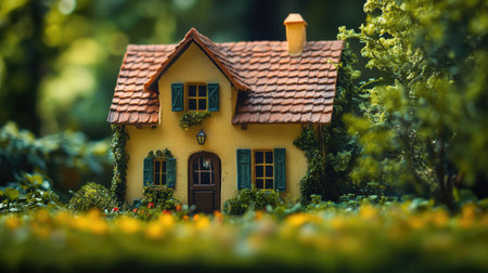 A picturesque European cottage surrounded by greenery, no people. Ample copy space in the foreground.の素材