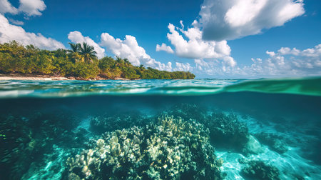 Peaceful underwater view of the Atlantic Ocean near the American continent, with open space for text.の素材