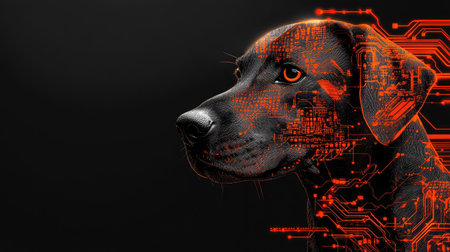 Cyber-dog concept with a close-up of a dog's head, adorned with abstract orange tech designs. Ample room for copy.の素材