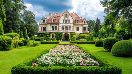 Beautiful European mansion with lush gardens, no people. Plenty of space for text in the foreground.の素材