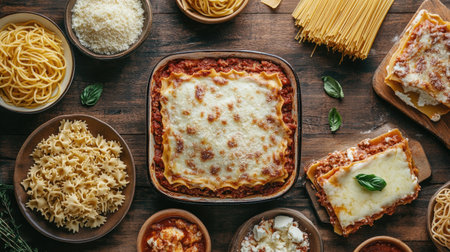Top-down view of lasagna al forno surrounded by pasta, ample room for copy on a rustic table.の素材