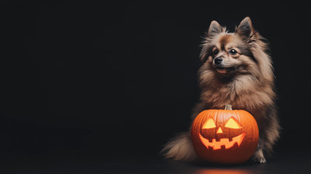 Fluffy dog with a Jack O' Lantern pumpkin, perfect for Halloween designs with copy space above.の素材