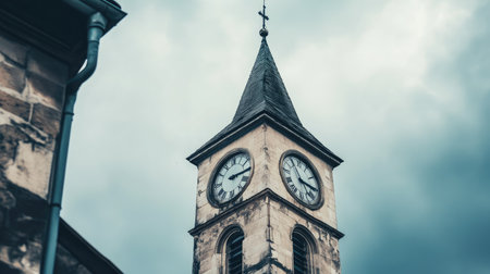 Old European clock tower standing tall, no people. Ample copy space in the sky for text.の素材