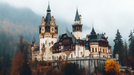 Beautiful European castle with intricate architecture, no people. Ample copy space in the foreground.の素材