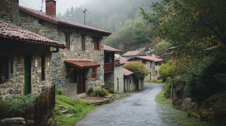 Charming European village with beautiful stone houses, no people. Plenty of copy space available.の素材