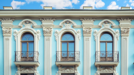 Baroque-style European building with beautiful windows, no people. Copy space available in the sky.の素材