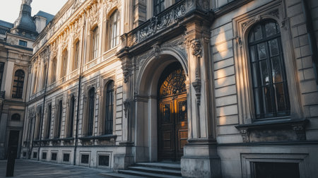 Classic European post office building with beautiful architecture, no people. Open space for copy.の素材