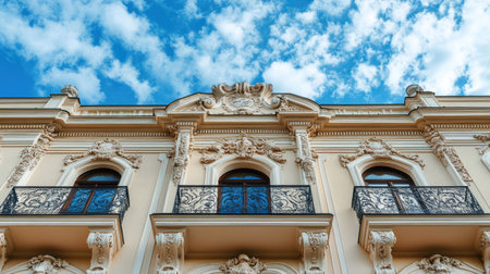 Beautiful European embassy with intricate architectural details, no people. Ample copy space in the sky above.の素材