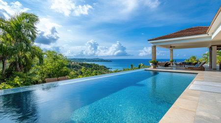 Seaside villa with an infinity pool overlooking the ocean, no people. Ample room for text in the surroundings.の素材