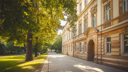 Elegant European university building with classic architecture, no people. Ample copy space available.の素材