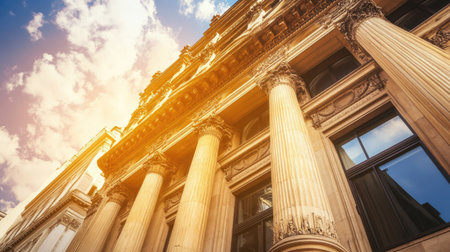 Beautiful European bank building with grand architecture, no people. Space for text in the foreground.の素材