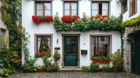 A picturesque European townhouse with elegant windows, no people. Space for text in the surroundings.の素材