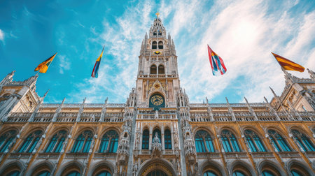 European city hall building with traditional architecture, no people. Ample room for text in the sky above.の素材