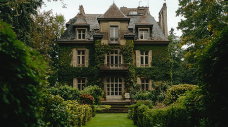 Beautiful European mansion with lush greenery, no people. Room for copy in the garden.の素材