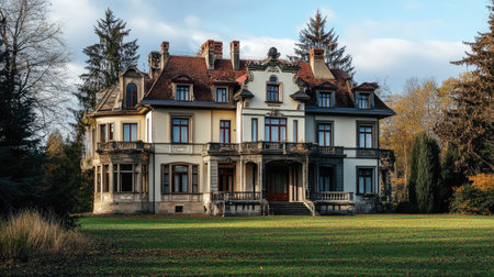 Classic European manor house, no people. Plenty of copy space on the surrounding landscape.の素材