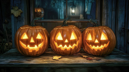 Three carved pumpkins arranged on a wooden table, glowing in the dark. Room for Halloween-themed copy above.の素材
