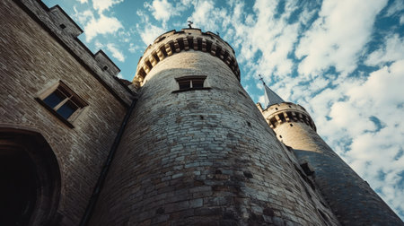 Stunning European castle with beautiful towers, no people. Open space for text in the sky above.の素材